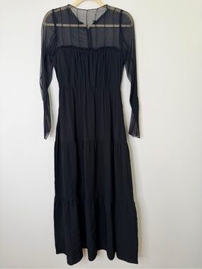 PAMELA LOVE ✨ Black Midi Dress w/ pockets, sheer neckline/sleeves Sz Small $425
